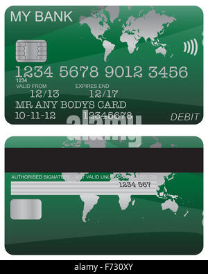 Front and back of a green world map debit card design with detail isolated on a white background Stock Photo