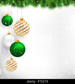 Golden spiral and green christmas balls with pine branches in sn Stock Vector