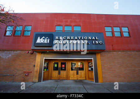 EUGENE, OR - NOVEMBER 21, 2015: Recreational Equipment, Inc., or REI as commonly referred to, storefront in Eugene Oregon. Stock Photo