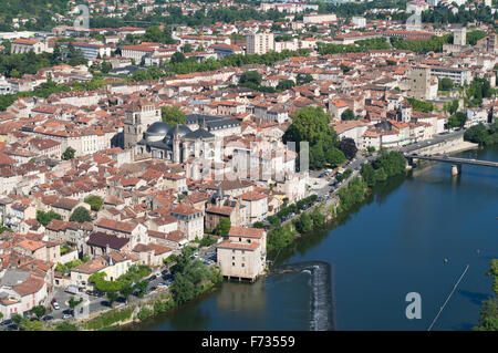 VIew from above over Cahors old town and cathedral Cahors, Midi-Pyrénées, France, Europe Stock Photo