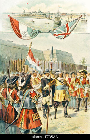 The Dutch surrender New Amsterdam, America, to the English, September 8th, 1664. Stock Photo