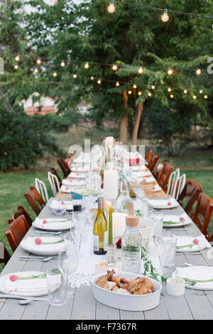 Long table set with plates and glasses, food and drink in a garden. Stock Photo