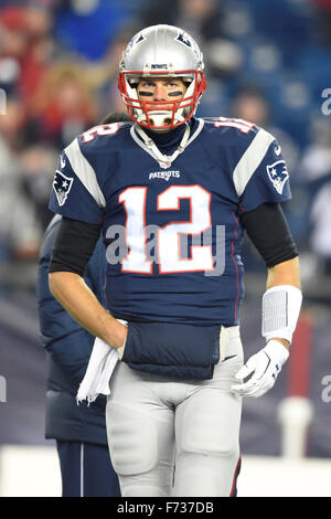 Regulation Time. 23rd Nov, 2015. MA, USA: New England Patriots quarterback Tom Brady (12) warms up for the National Football League game between the Buffalo Bills and the New England Patriots held at Gillette Stadium in Foxborough Massachusetts. New England defeats Buffalo 20-13 in regulation time. Eric Canha/CSM/Alamy Live News Stock Photo