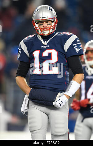 Regulation Time. 23rd Nov, 2015. MA, USA: New England Patriots quarterback Tom Brady (12) warms up for the National Football League game between the Buffalo Bills and the New England Patriots held at Gillette Stadium in Foxborough Massachusetts. New England defeats Buffalo 20-13 in regulation time. Eric Canha/CSM/Alamy Live News Stock Photo