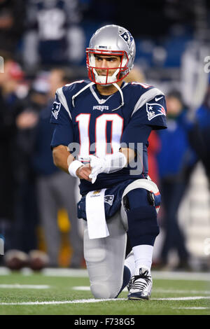 Regulation Time. 23rd Nov, 2015. MA, USA: New England Patriots quarterback Jimmy Garoppolo (10) prepares for the National Football League game between the Buffalo Bills and the New England Patriots held at Gillette Stadium in Foxborough Massachusetts. New England defeats Buffalo 20-13 in regulation time. Eric Canha/CSM/Alamy Live News Stock Photo