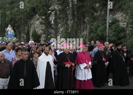 Israel, Haifa, the Latin Patriarch of Jerusalem Fouad Twal leads the Our Lady of Mount Carmel procession to Stella Maris Stock Photo
