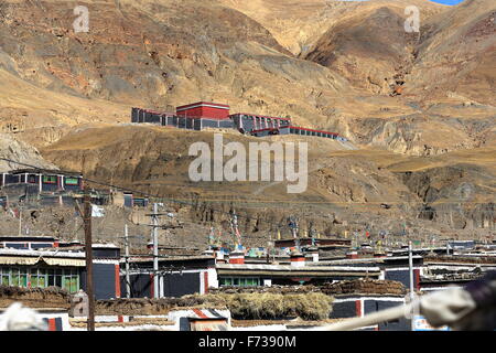 Grey-red-white painted nunnery on grounds of the 1073 AD founded North Seat of the Sakya-Grey Soil monast.on Ponpori Hill-Tibet. Stock Photo