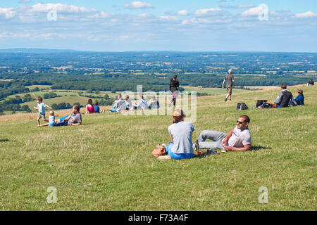Tourists enjoying view from The Devils Dyke on the South Downs Way, the South Downs National Park East Sussex England United Kingdom UK Stock Photo