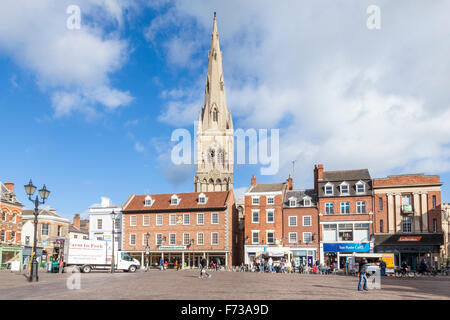 Market Place, Newark on Trent town centre in Nottinghamshire, England, UK, with St Mary Magdalene Church in the background. Stock Photo