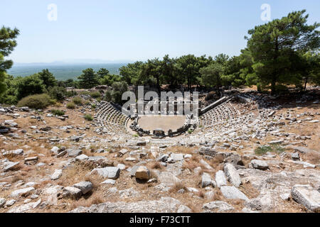 View of the Theatre of Priene from the top,  an ancient Greek city of Ionia at the base of an escarpment of Mycale. Stock Photo