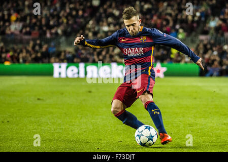 Barcelona, Catalonia, Spain. 24th Nov, 2015. FC Barcelona's left back JORDI ALBA in action against the AS Roma in the Champions League match between FC Barcelona and AS Roma at the Camp Nou stadium in Barcelona Credit:  Matthias Oesterle/ZUMA Wire/Alamy Live News Stock Photo