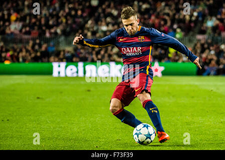 Barcelona, Spain. 24th Nov, 2015. FC Barcelona's left back JORDI ALBA in action against the AS Roma in the Champions League match between FC Barcelona and AS Roma at the Camp Nou stadium in Barcelona Credit:  matthi/Alamy Live News Stock Photo