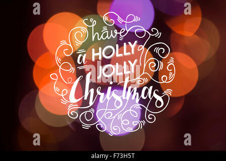 Merry christmas greeting card design: colorful bokeh light background and elegant ornament style wreath with festive text. Also Stock Photo