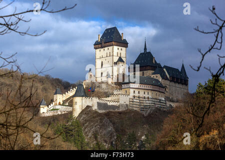 Karlstejn Castle is a large Royal Gothic castle founded 1348 CE by Charles IV, Holy Roman Emperor and King of Bohemia. Stock Photo