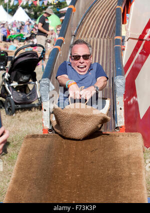 Warwick Davis and famly filming at Camp Bestival 3rd aug 2014 Stock Photo