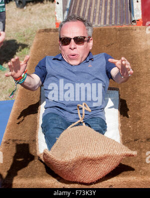 Warwick Davis and famly filming at Camp Bestival 3rd aug 2014 Stock Photo