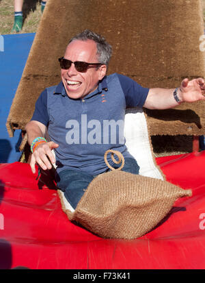 Warwick Davis and famly filming at Camp Bestival 3rd aug 2014 Stock Photo