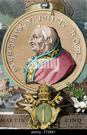 Pope Martin V (1369-1431). Born Otto Colonna. Pope from 1417-1431. Portrait. Engraving. Colored. Stock Photo