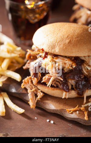 homemade pulled pork burger with coleslaw and bbq sauce Stock Photo