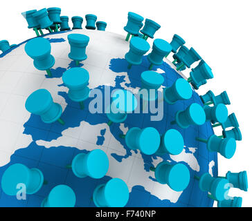 Globe world map and Push Pins isolated in white Stock Photo