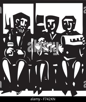 Woodcut style expressionist image of people waiting in a doctor's waiting room Stock Vector