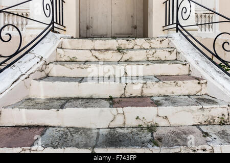 Sttone exterior stairway with wrought iron decorative railing leading to a building in Christiansted, St. Croix, U.S. Virgin Islands. USVI, U.S.V.I. Stock Photo