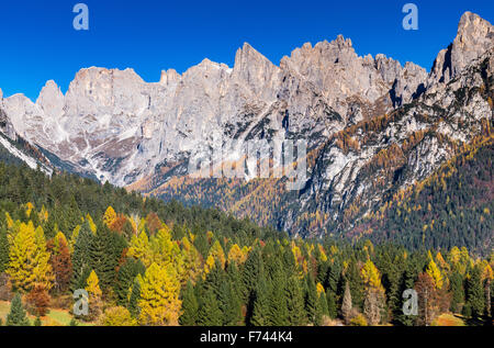 Autumn season in the Val Canali valley. The Dolomites. The Pale di San Martino mountain group. Tonadico. Trentino, Italian Alps. Europe. Stock Photo