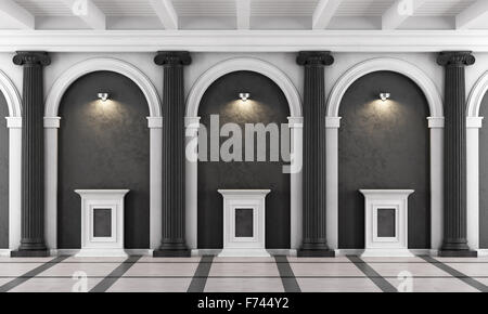 Black and white classic museum with ionic column and pedestal illuminated by spotlights - 3d Rendering Stock Photo