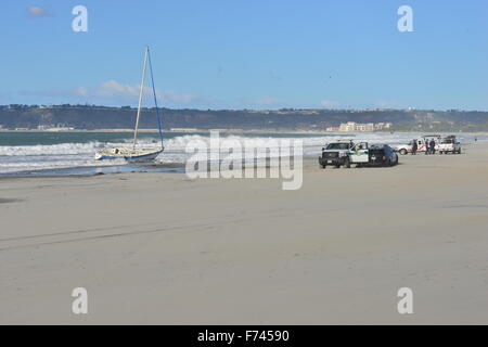 A Beached Yacht on the Coronado beach at San Diego California Stock Photo