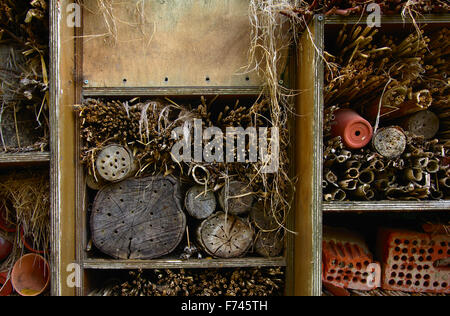 Detail of Insect hotel with recycled wood, terracota flower pots and roof tiles, found at bourgoyen, Ghent, Belgium Stock Photo