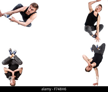 Multiple image of young man break dancing over white  background Stock Photo