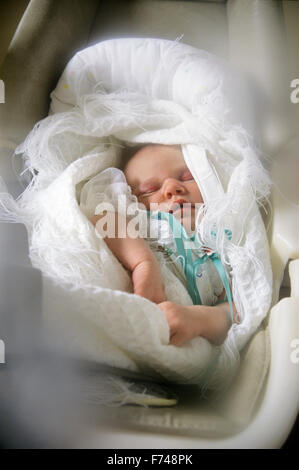 2 day old sleeping infant in "car seat" Stock Photo