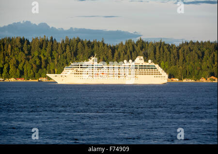 Pacific Princess cruise ship sailing the Inside Passage between Vancouver Island and Quadra Island, British Columbia, Canada Stock Photo