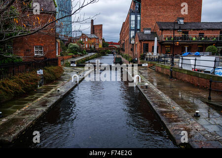 Rochdale canal with lock gate and tow path at Castlefield in Manchester Stock Photo