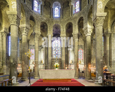 Notre Dame d Órcival church, built out of dark lava stone, Orcival, Auvergne, France Stock Photo