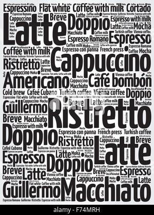 List of coffee drinks words cloud, poster background Stock Vector