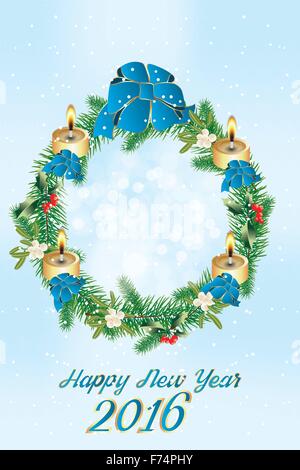 Beautiful wreath for Christmas with mistletoe, holly, burning candles and blue ribbons and text " Happy New Year 2016 " - jpg an Stock Vector