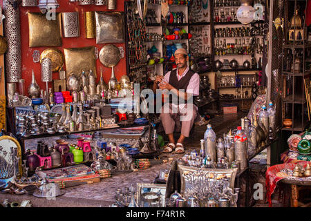Shop in the alley of Marrakech Medina with products of traditional Moroccan handicrafts Stock Photo
