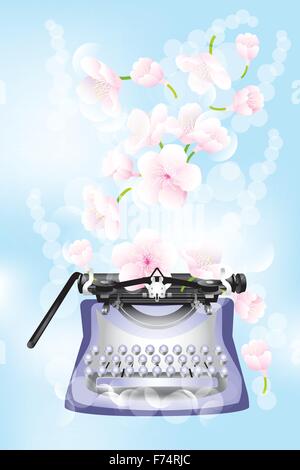 Fantasy retro typewriter with cherry blossoms on light-blue background - jpg and eps file available Stock Vector