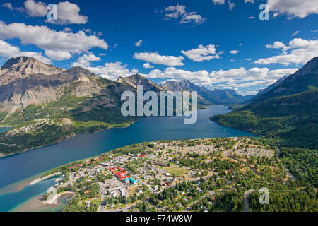 View from Bear's Hump over the hamlet Waterton Park, Waterton Lakes National Park, Alberta, Canadian Rockies, Canada Stock Photo