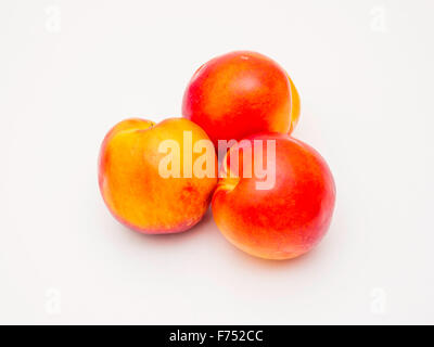 Three ripe late season Nectarines on a white background Stock Photo