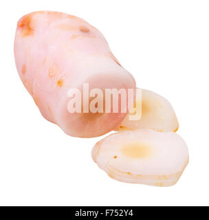 sliced galangal rhizome isolated on white background Stock Photo