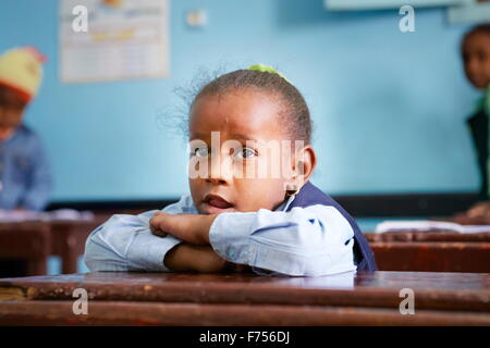 Egyptian child - Nubian village near Aswan, portrait of the nubian girl learning in a small classroom in the Nubian school Stock Photo