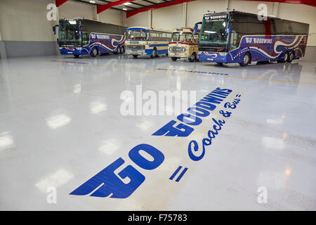 Manchester coach company Go Goodwins of Eccles travel   coaches stored in shed vintage showcase Bus buses  stopped double decker Stock Photo