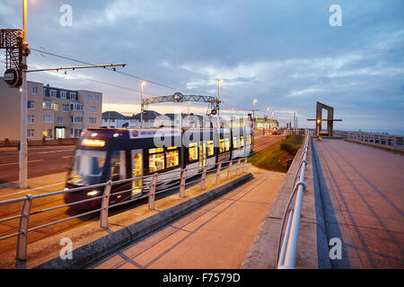 Blackpool tram starts its journey along the promenade from Starr Gate tram depot  The Blackpool tramway runs from Blackpool to F Stock Photo