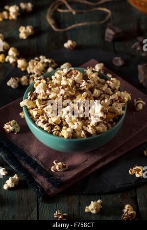 Homemade Chocolate Drizzled Caramel Popcorn Ready to Eat Stock Photo