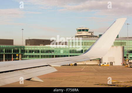 An American Airlines jet leaving Manchester airport, UK. Stock Photo