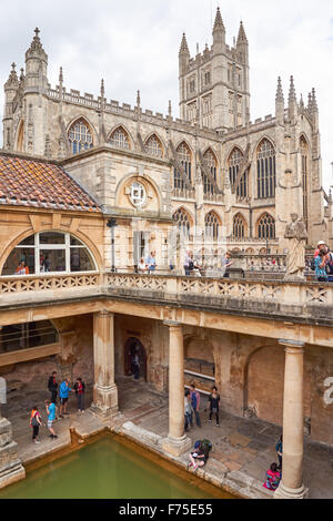 The Roman Baths with the Bath Abbey in the background, Bath Somerset England United Kingdom UK Stock Photo