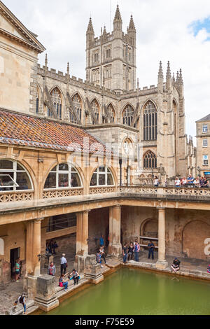 The Roman Baths with the Bath Abbey in the background, Bath Somerset England United Kingdom UK Stock Photo