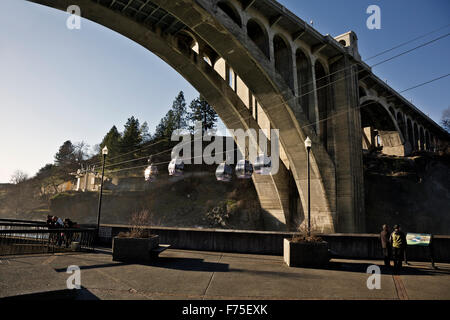 Skyride gondolas cross Spokane River directly below the waterfall then pass under Monroe Bridge from Huntington Park; Spokane. Stock Photo